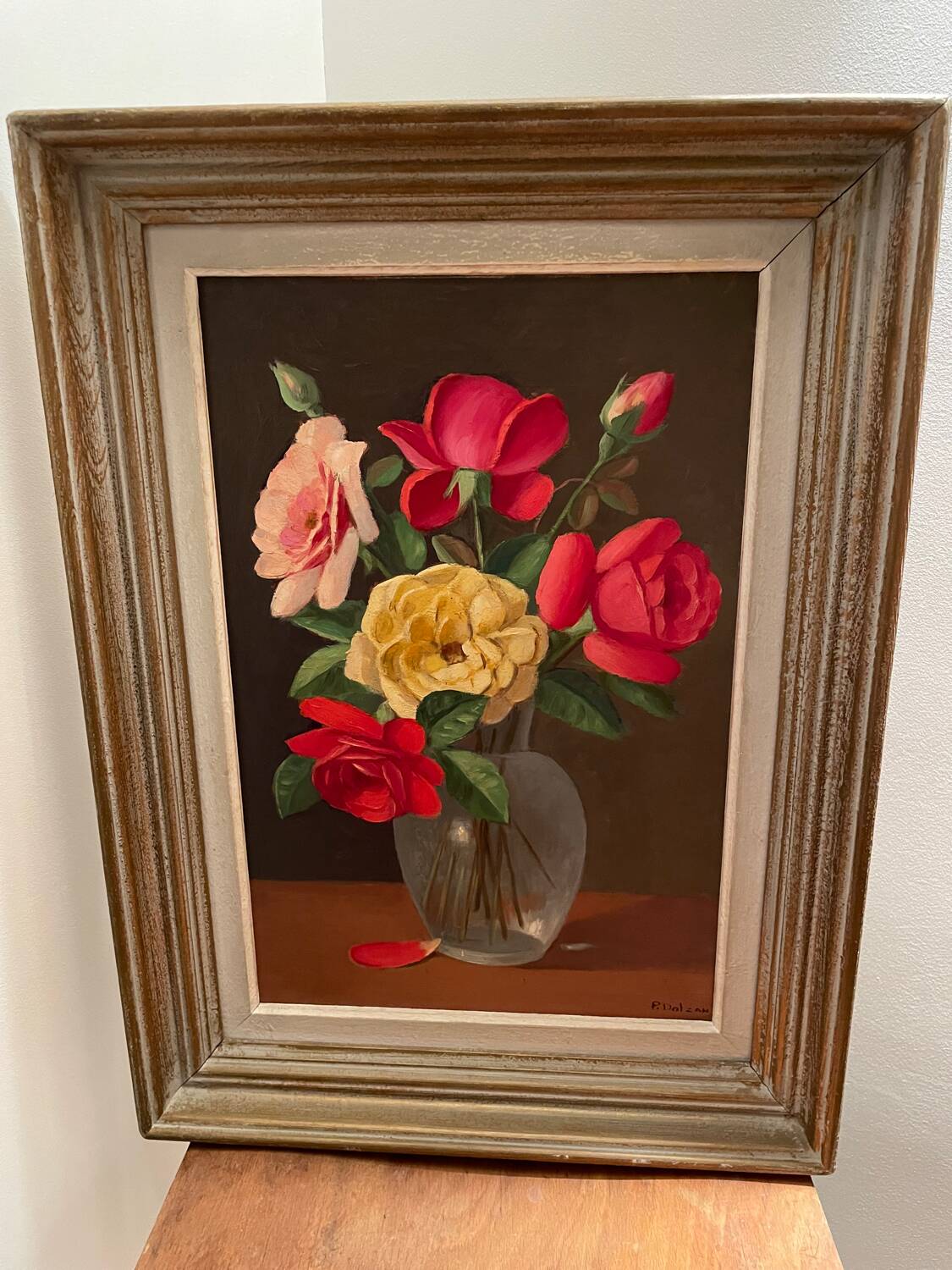 Painting bouquet of roses signed Primo Dolzan