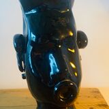 Vase anthropomorphe céramique émaillée noire forme visage femme signé R. Delarue