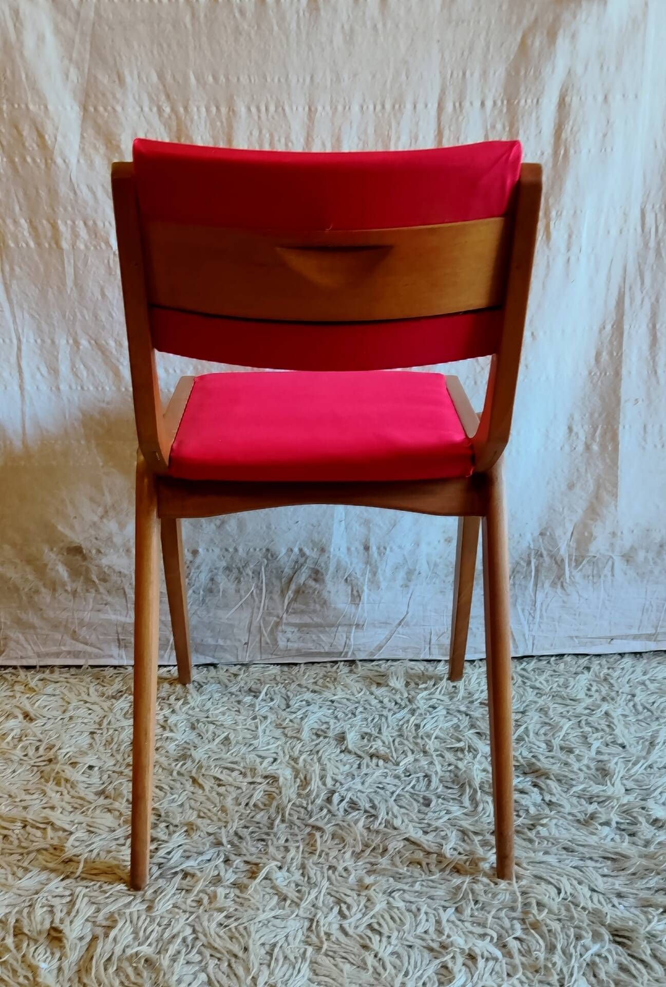Solid wood chair with red fabric - 50's design