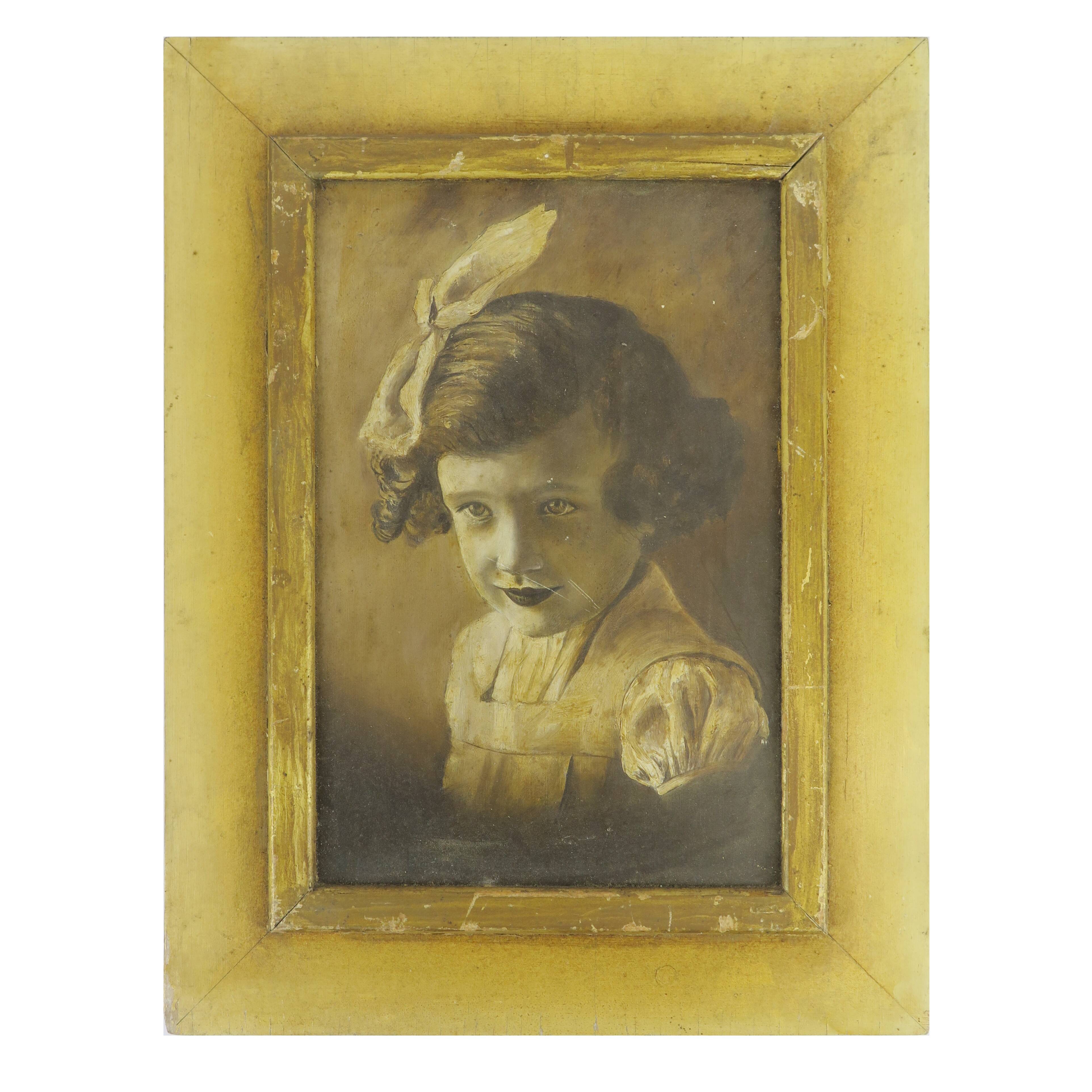 Antique oil painting portrait young lady oil on panel with gilded frame