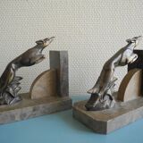 Paire de serre-livres lévriers Art déco en bronze et marbre