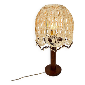 Table lamp with oak base and macramé lampshade, 1960s