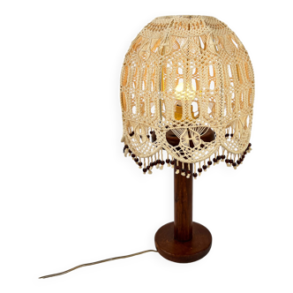 Table lamp with oak base and macramé lampshade, 1960s