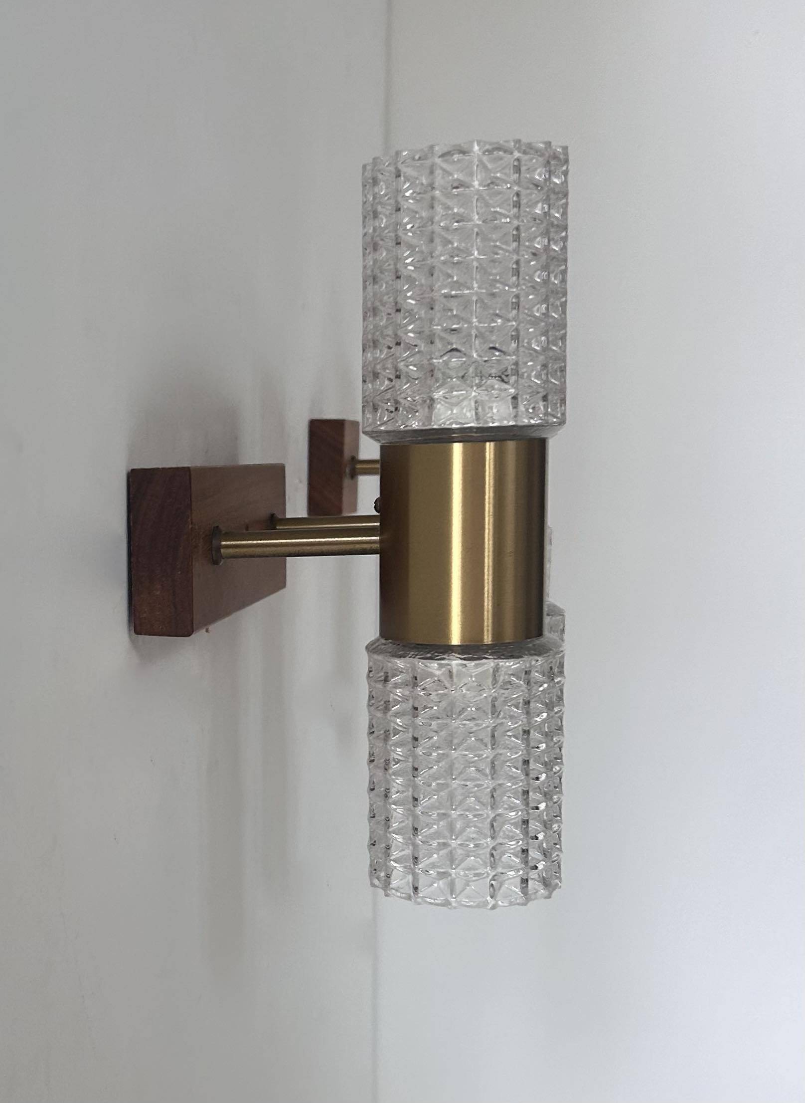 Pair of vintage wall lights, brass and molded glass, Sweden 1960s