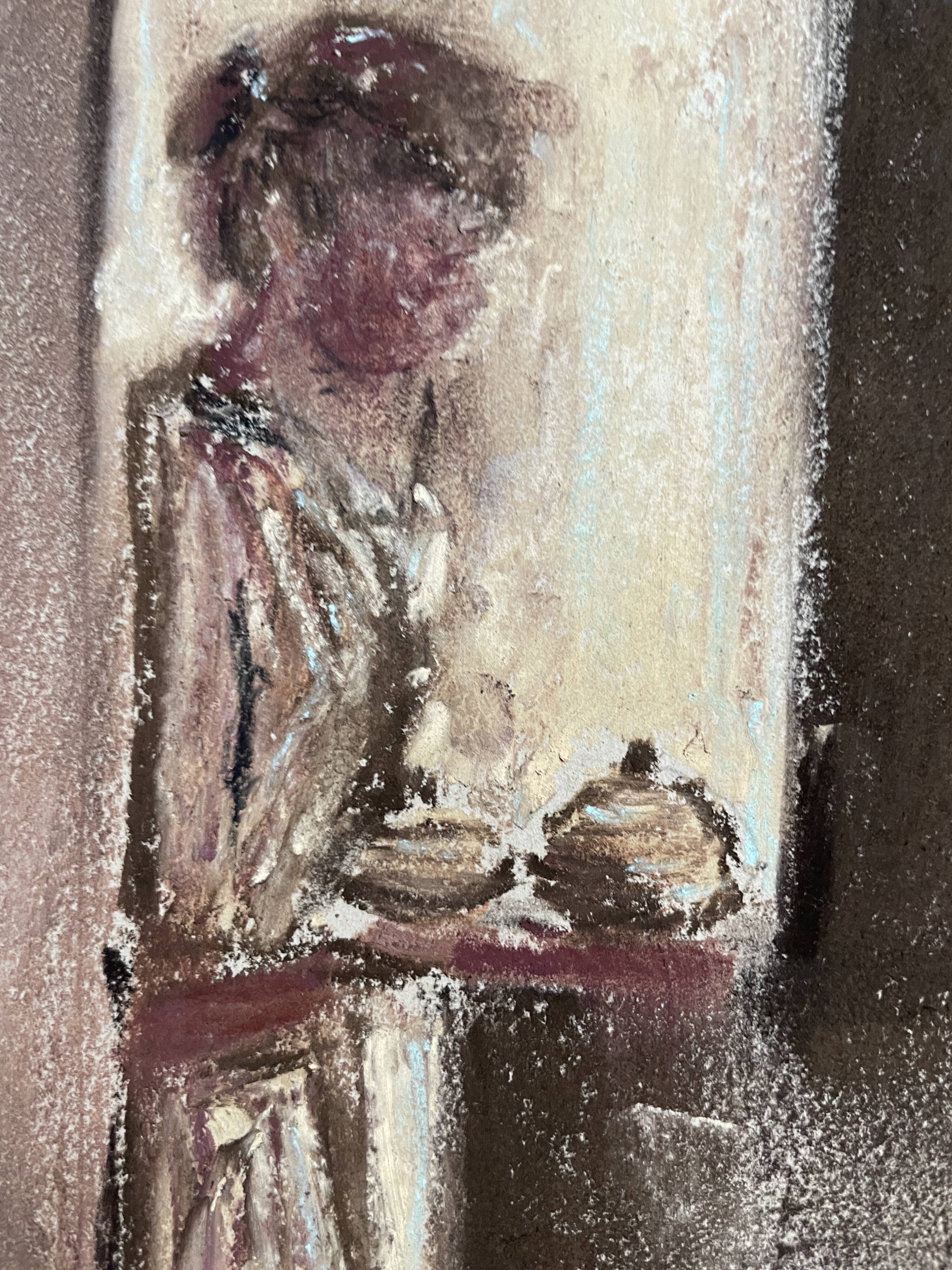 Signed pastel painting "Breakfast at Sunrise" approximately 30x21 cm on paper.