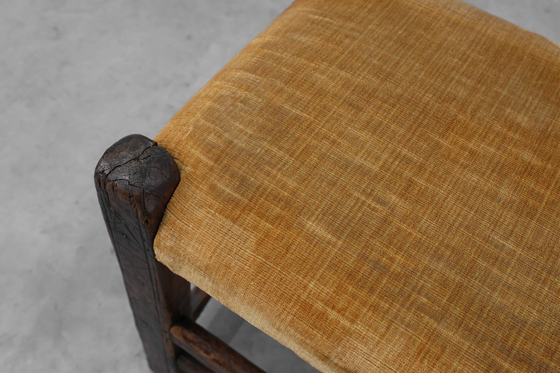 19th Century Spanish Hand-Carved oak Side Chair with Velour Seat