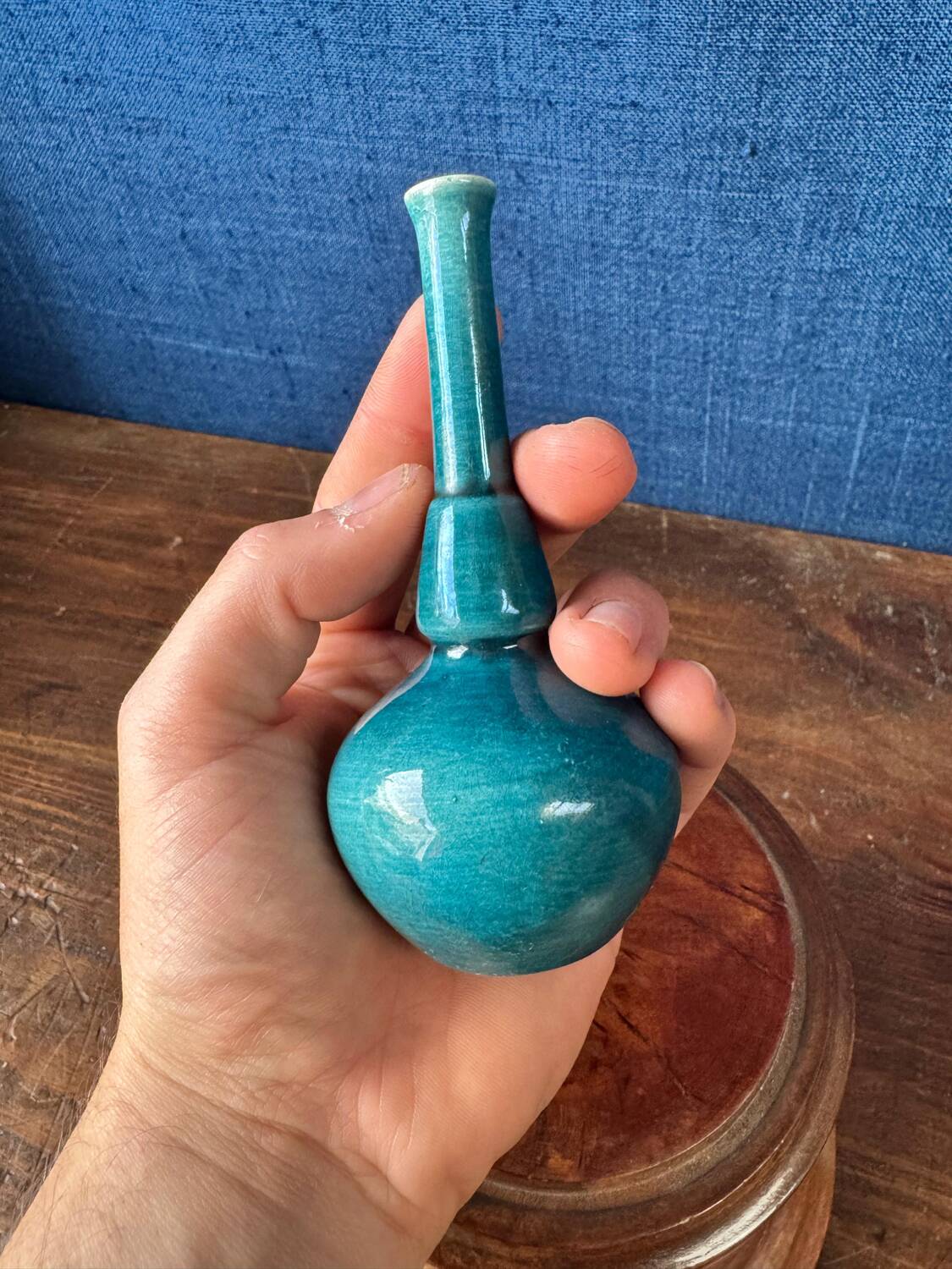 Small glazed terracotta soliflore vase. Mid 20th century.