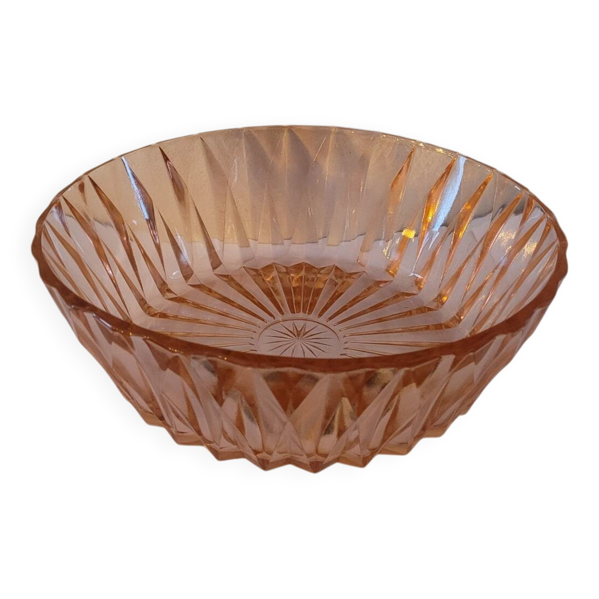Art Deco pressed glass salad bowl in pink. 1930s–40s