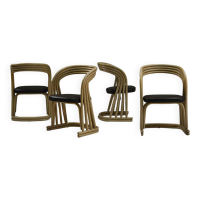 Ensemble de 4 chaises de salle à manger en rotin, Italie des années 1980.