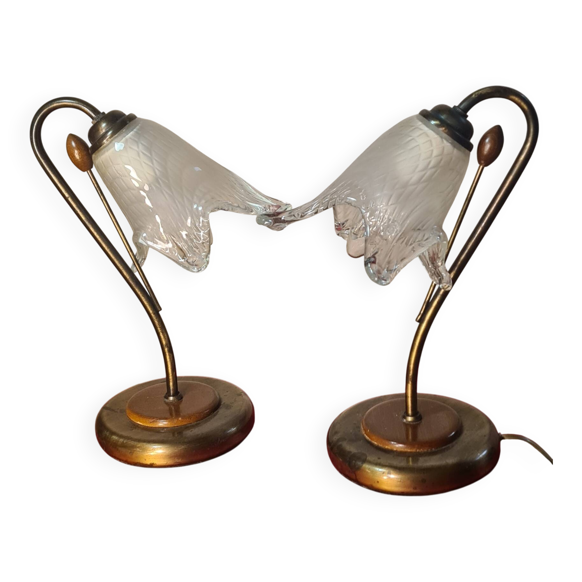 bedside lamp brass wood and glass 1970 to 80, traces of normal use, photo