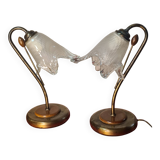 bedside lamp brass wood and glass 1970 to 80, traces of normal use, photo