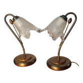 bedside lamp brass wood and glass 1970 to 80, traces of normal use, photo