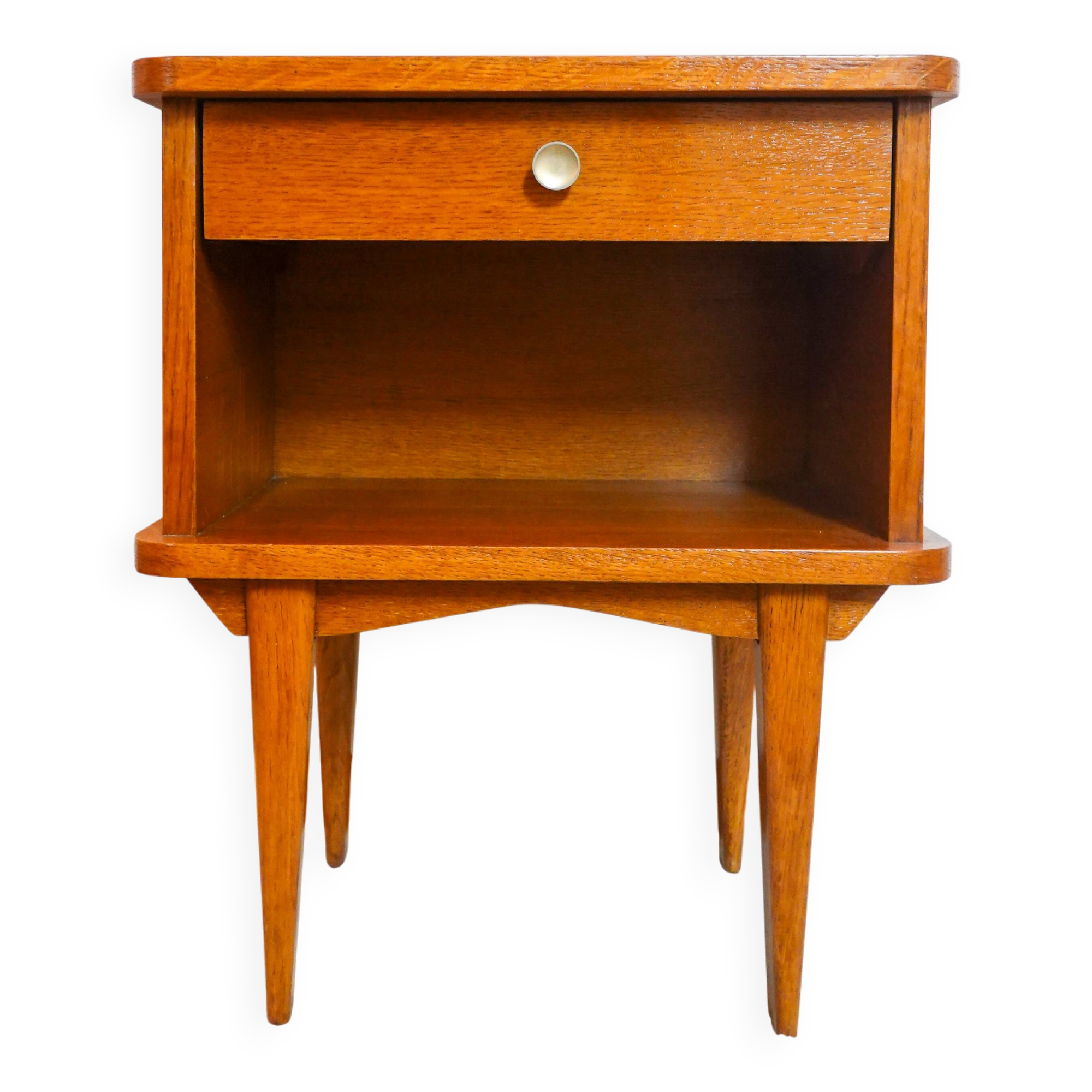 Scandinavian bedside table with compass legs in oak from the 50s and 60s