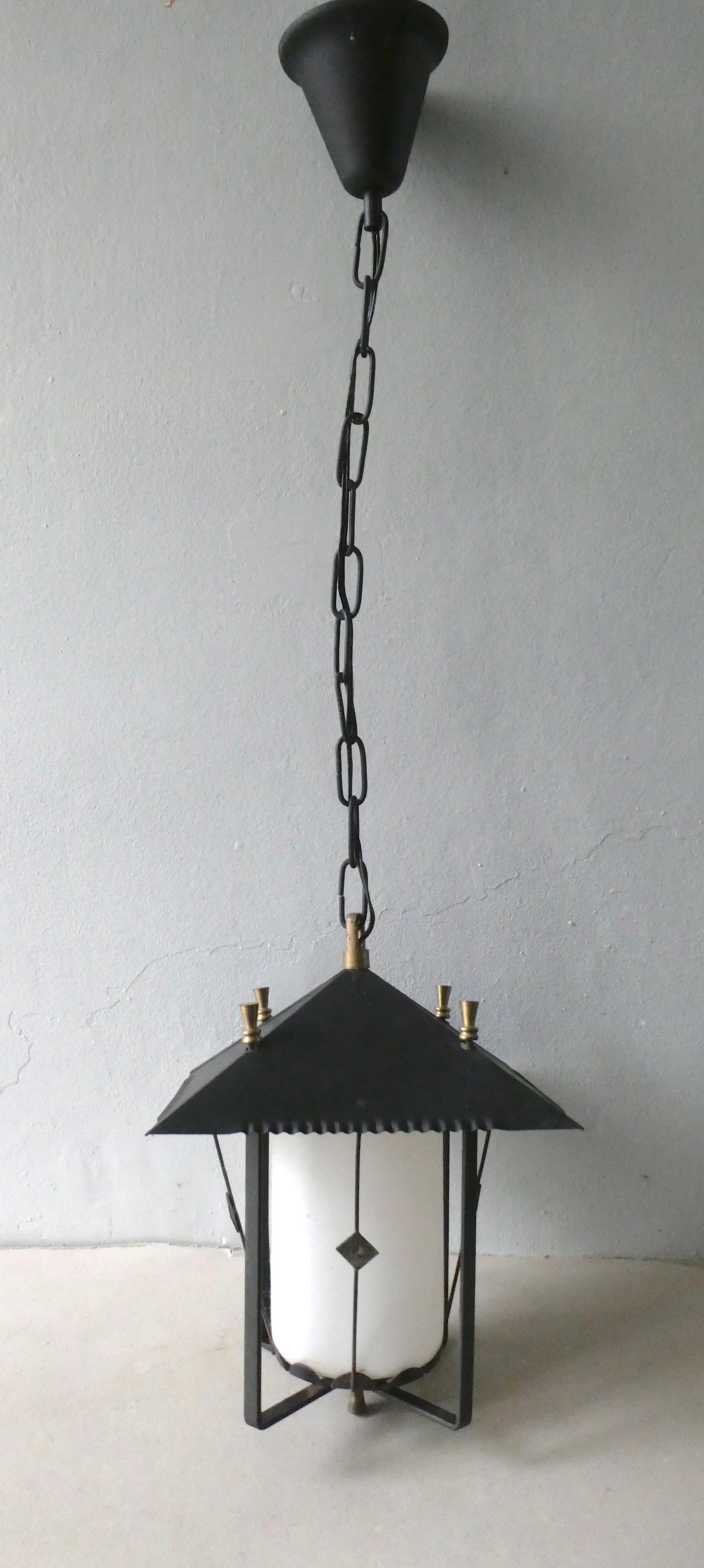 Lantern suspension in black metal and opaline of the 50s