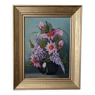 Acrylic painting on canvas, bohemian countryside decoration, flowers, still life