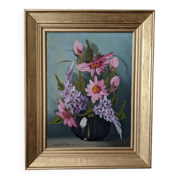 Acrylic painting on canvas, bohemian countryside decoration, flowers, still life