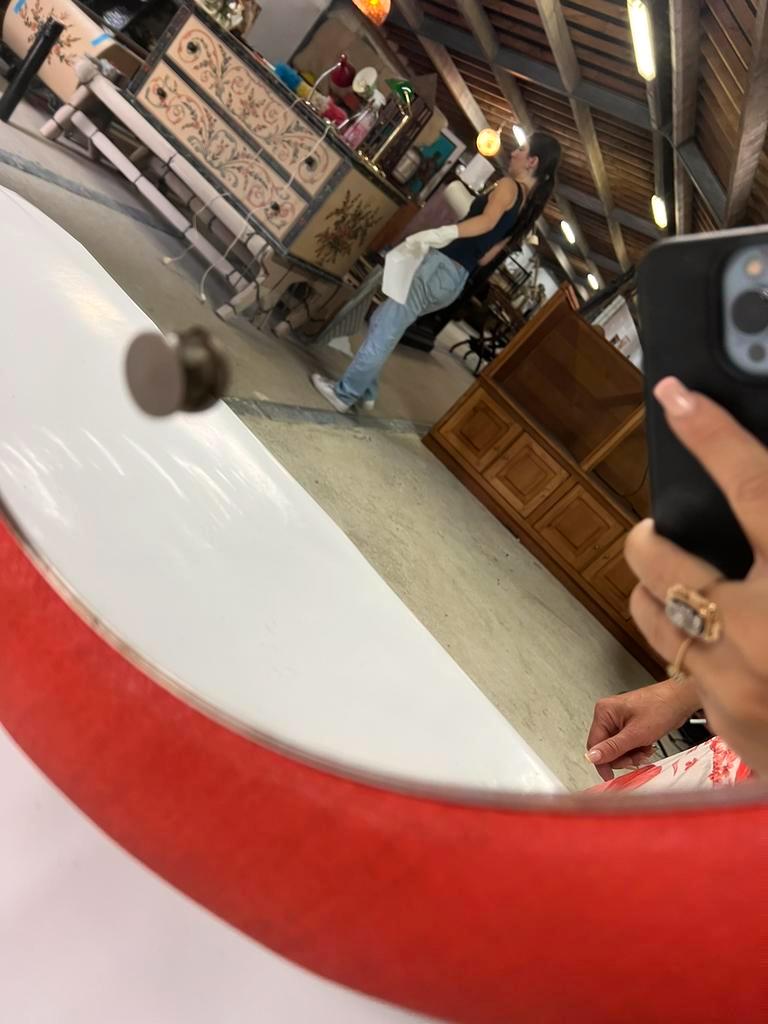 Vintage oval orange mirror seventies 46 X 80 cm