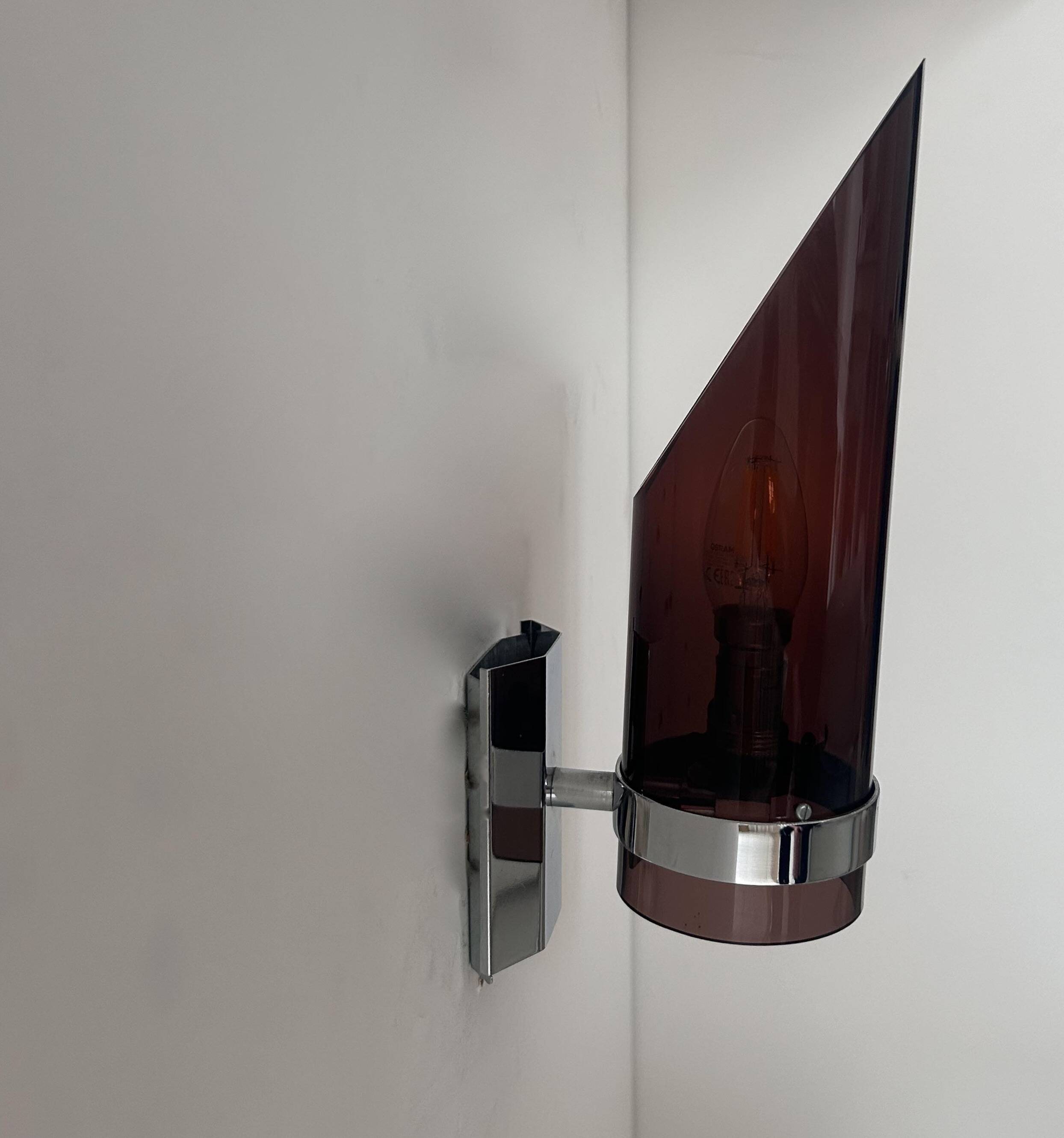 Vintage chrome and smoked altuglas wall light, France 1970s