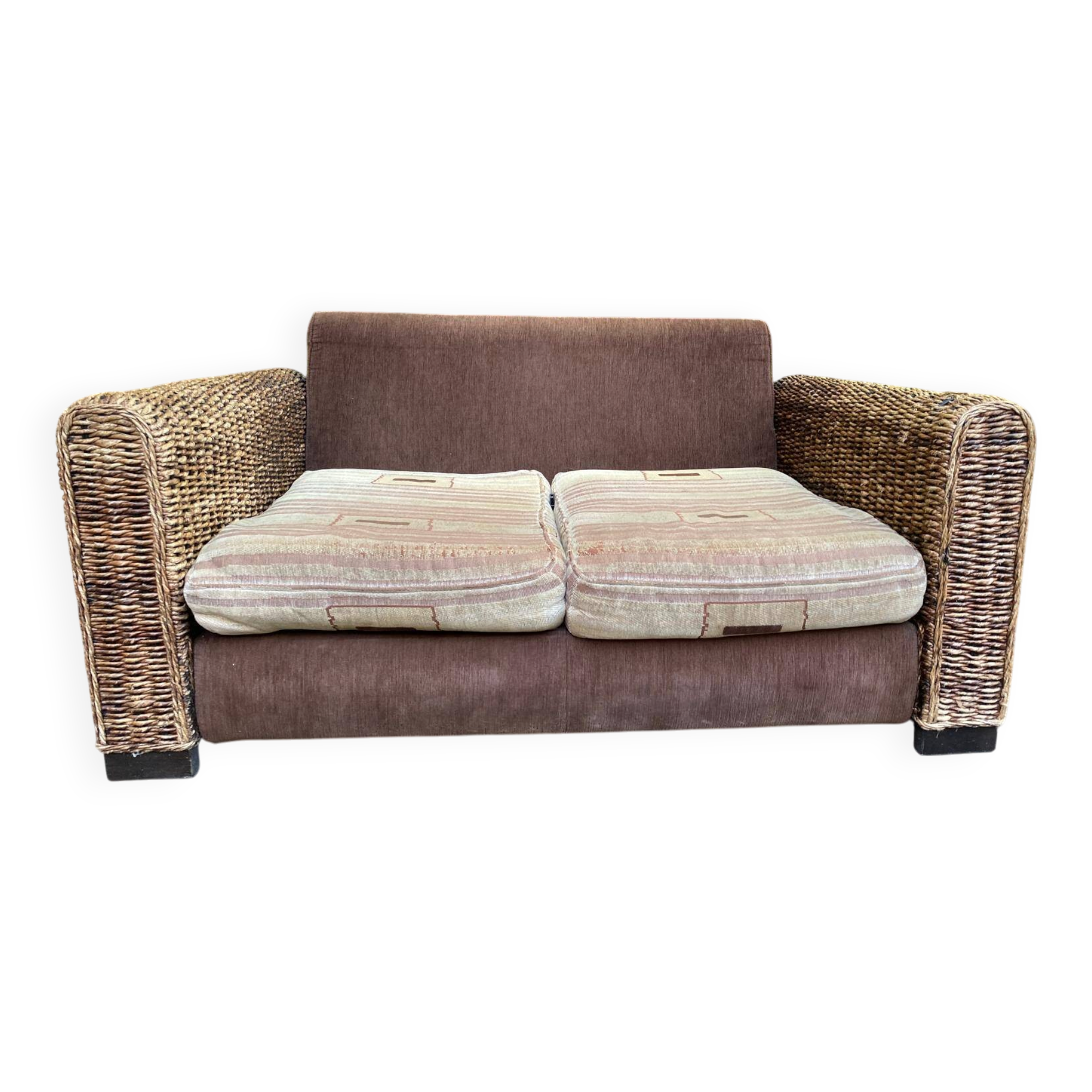 Exotic 2-seater sofa in woven banana tree / rattan and brown fabric.