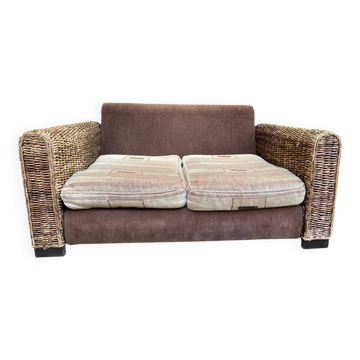 Exotic 2-seater sofa in woven banana tree / rattan and brown fabric.