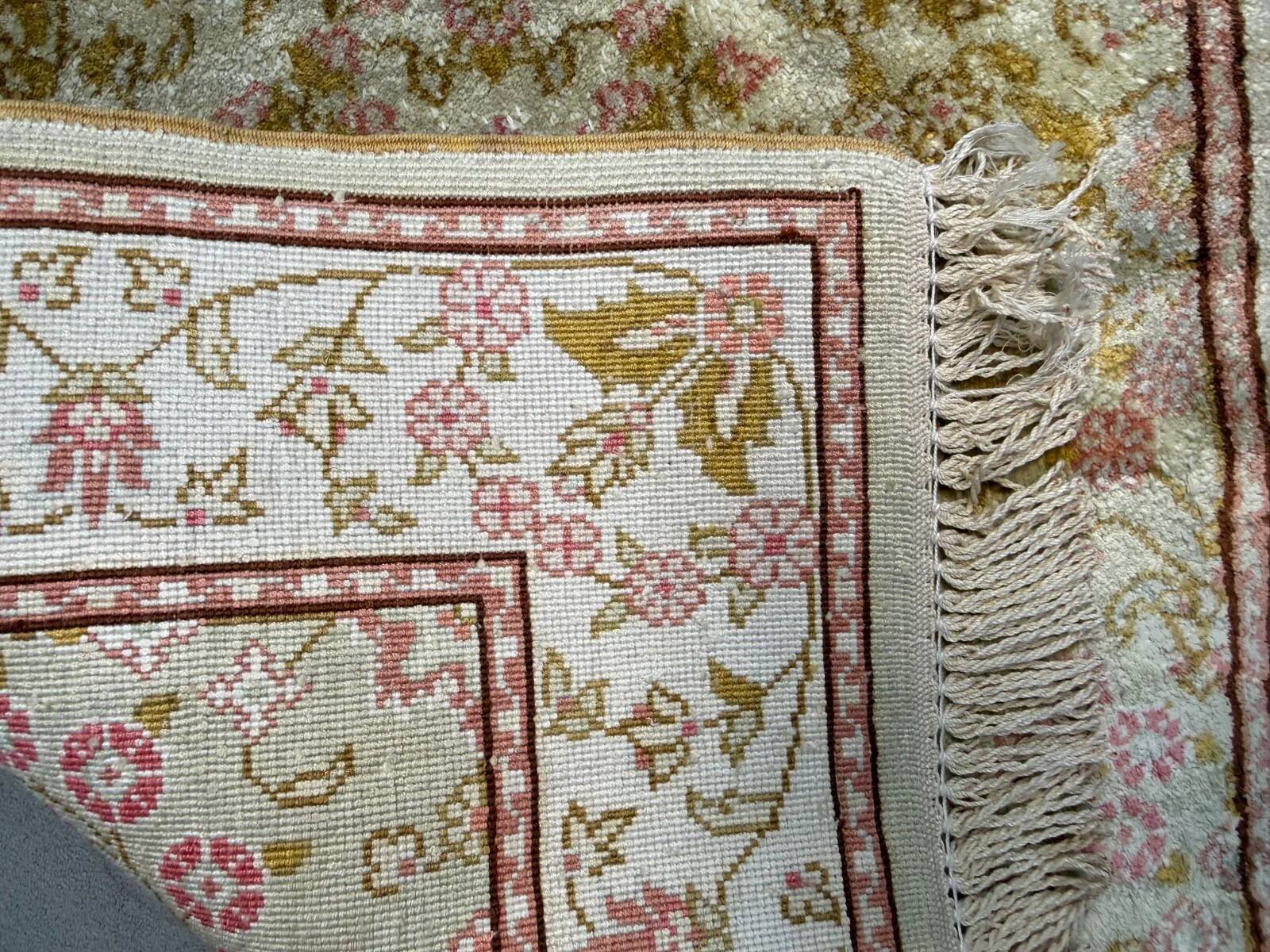 Vintage Turkish Hereke silk rug floral 53x67cm hand knotted gold pink 2538