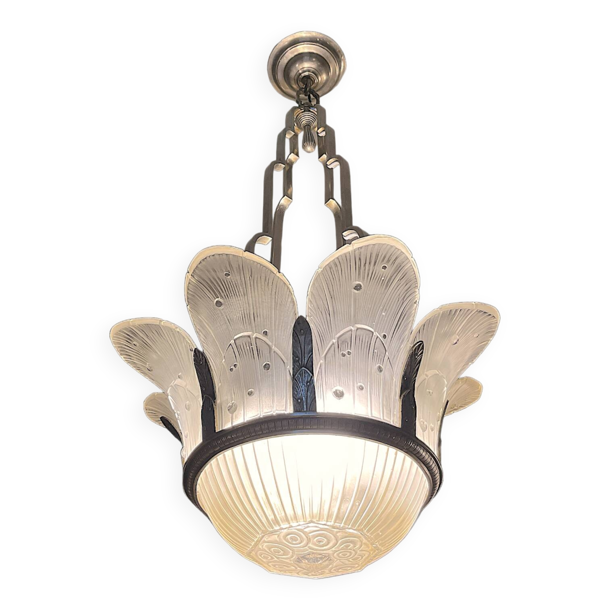 Art Deco Chandelier Sandblasted Pressed Glass, Nickel-plated Bronze 1930
