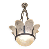 Art Deco Chandelier Sandblasted Pressed Glass, Nickel-plated Bronze 1930