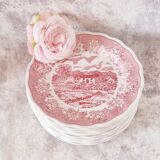12 assiettes plates en porcelaine de fontebasso made in italy style "toile de jouy" en rose