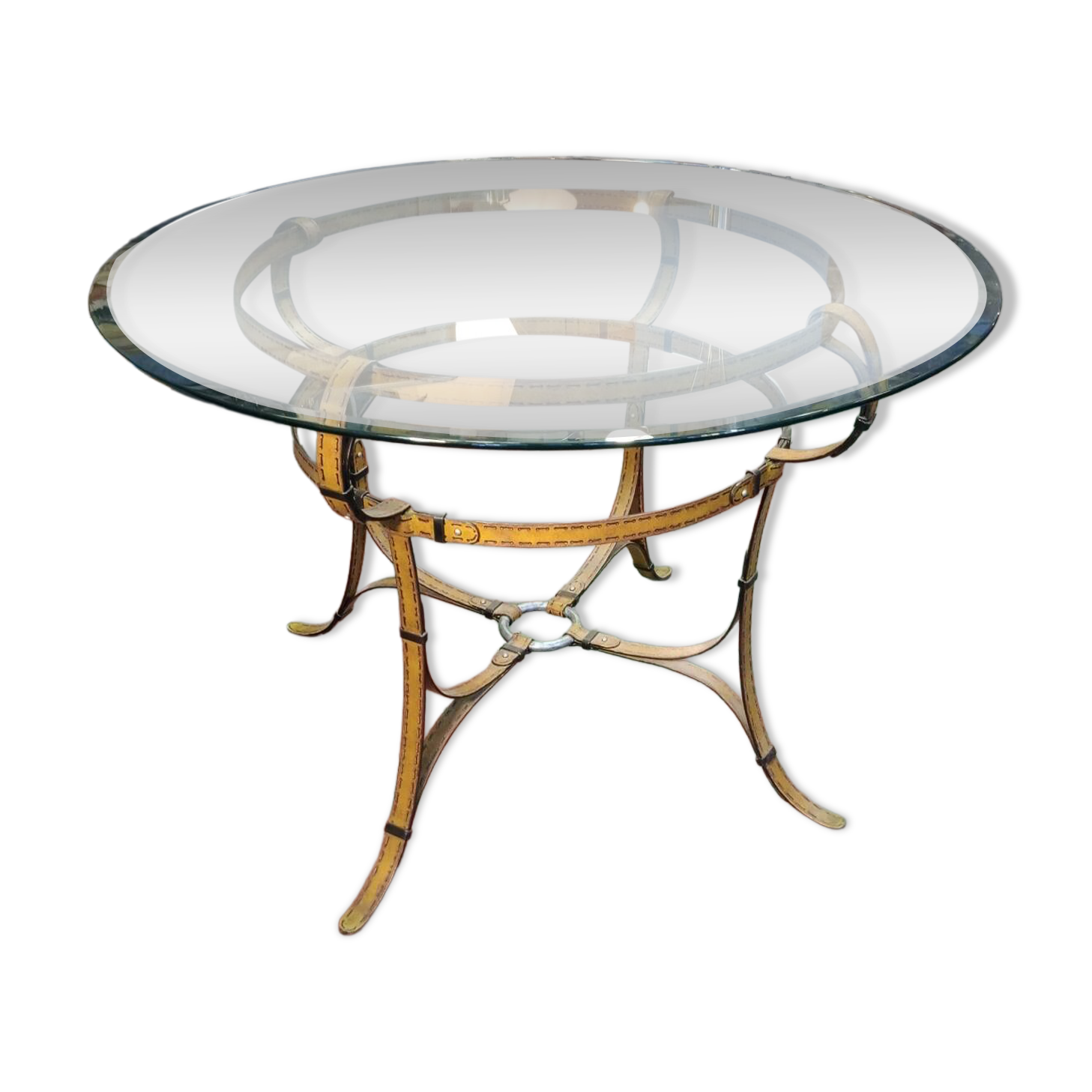 Table de salon en verre et métal esprit Hermès