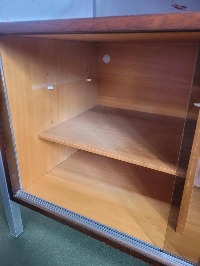 Hi-Fi cabinet in wood, brushed aluminum, smoked glass - 1970s