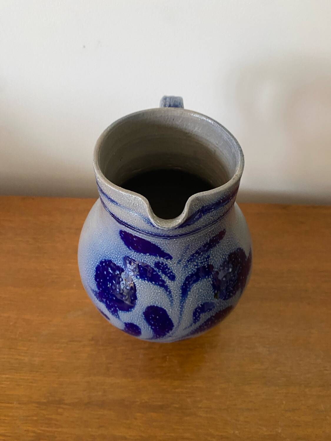 Antique Blue Stoneware Pitcher Deco Flowers 2 Liters Vintage