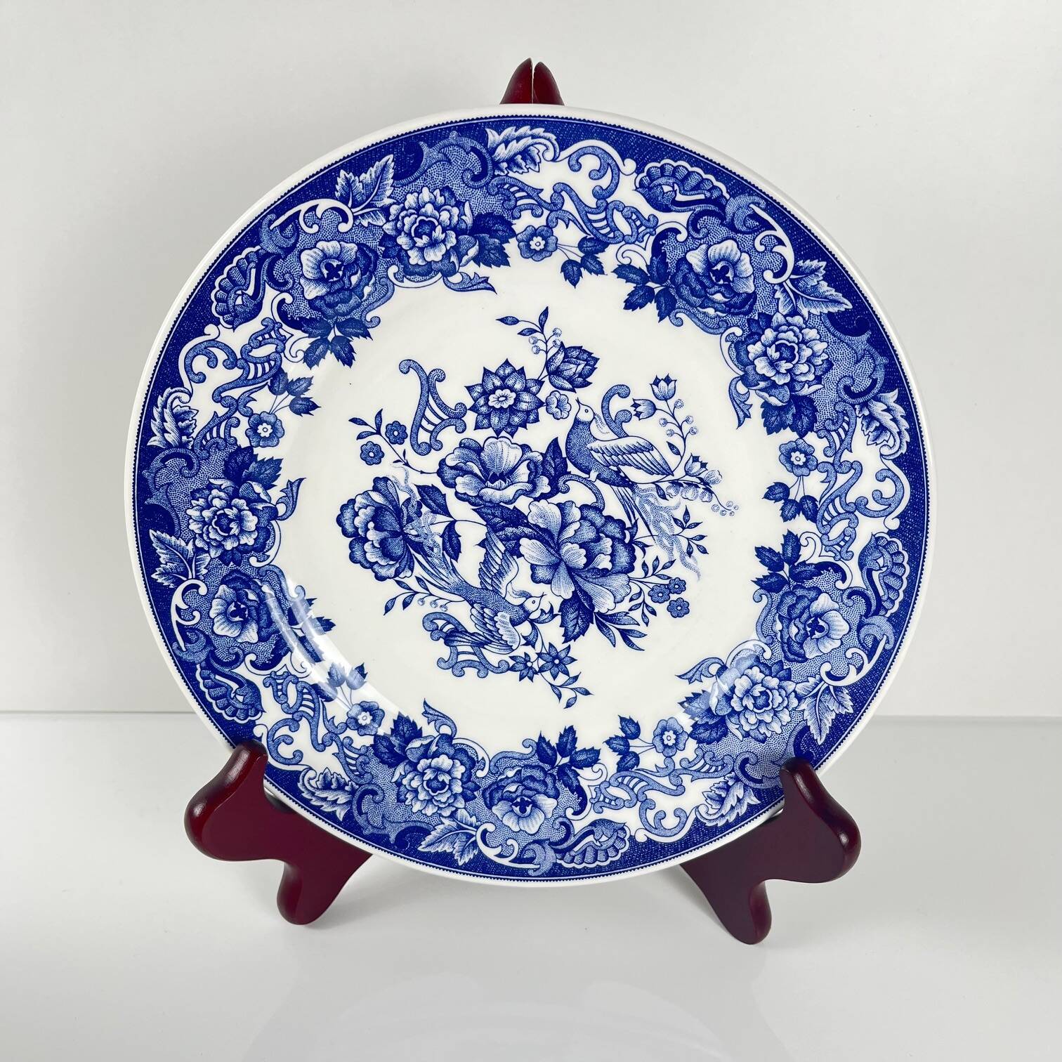 Set of 10 blue earthenware dessert plates with floral and bird decoration