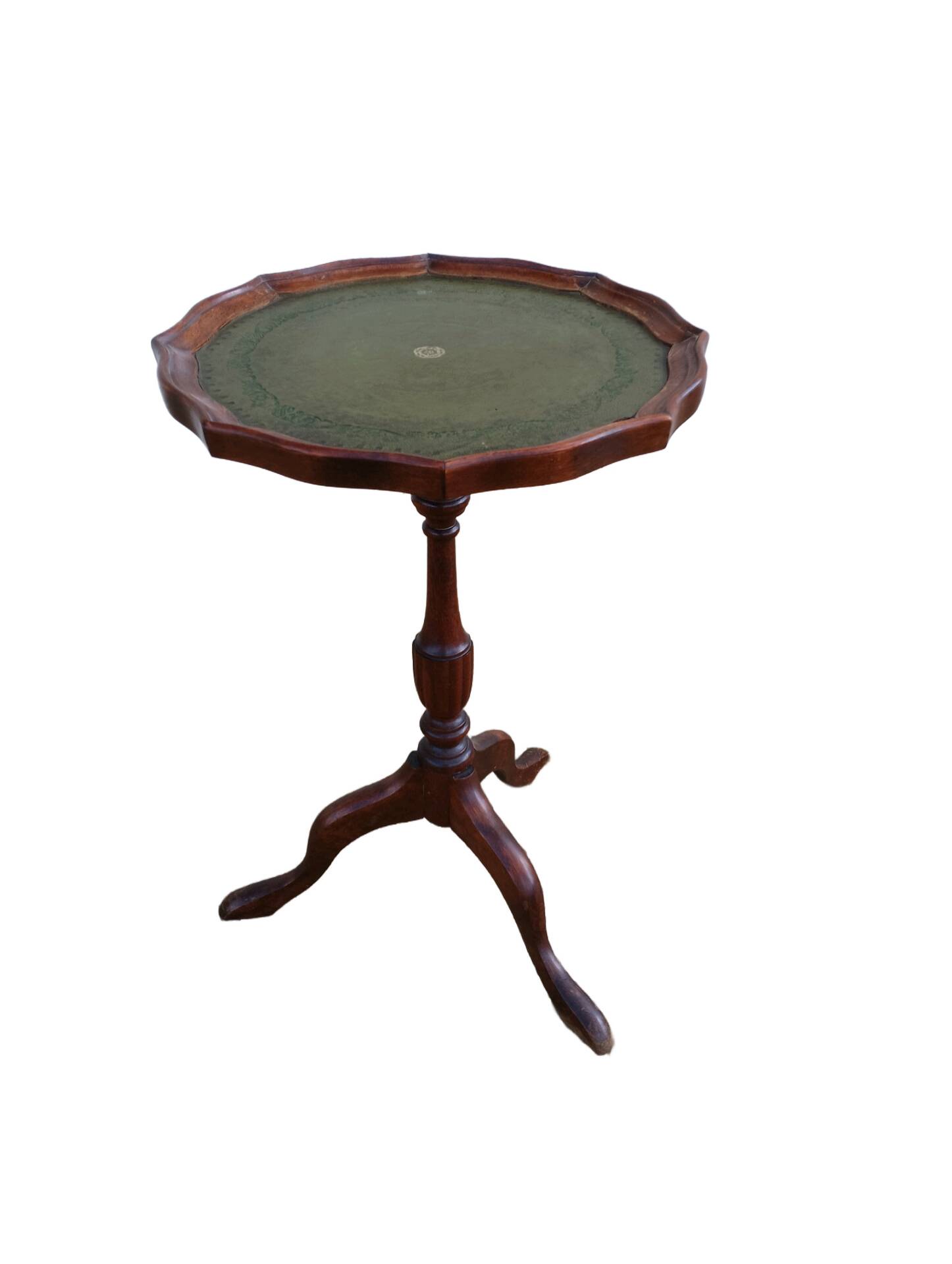 Table d’appoint à vin, guéridon ancien en bois et cuir vert