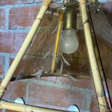 Antique Hexagonal Bamboo Rattan Pendant Light + Vintage Engraved Glass Plates