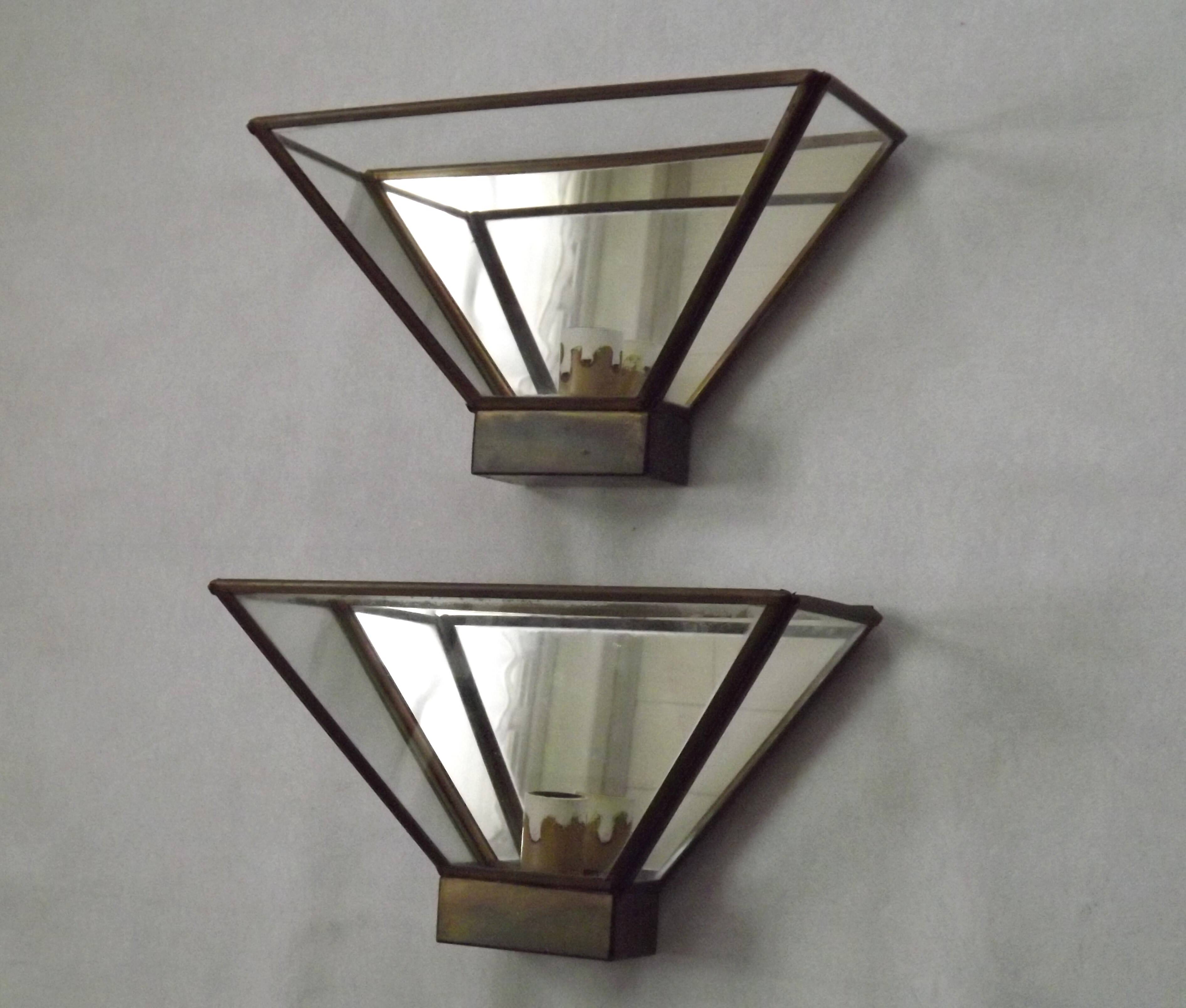 Matching Pair French Mid Century Copper & Glass Single Mirrored Wall Lights 5138