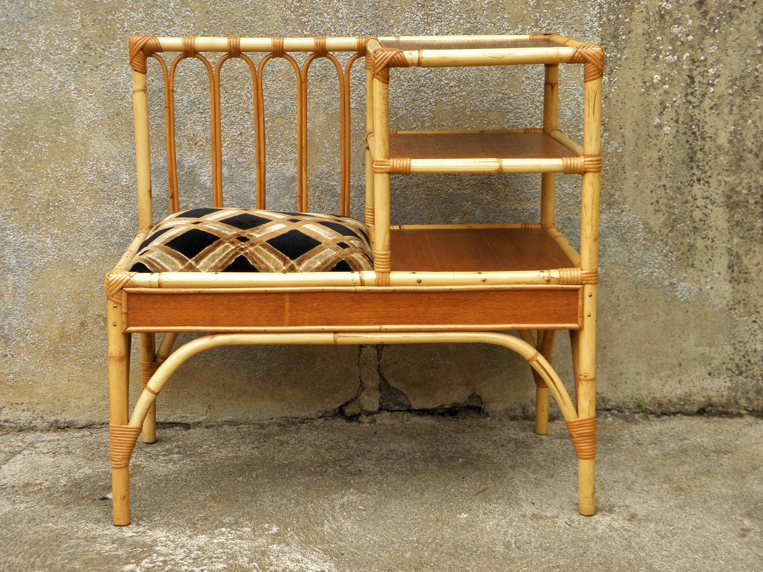 70s rattan telephone bench
