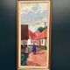 Oil on panel "Old Man in the Street" by M. Wallin vintage & framed 27x54cm