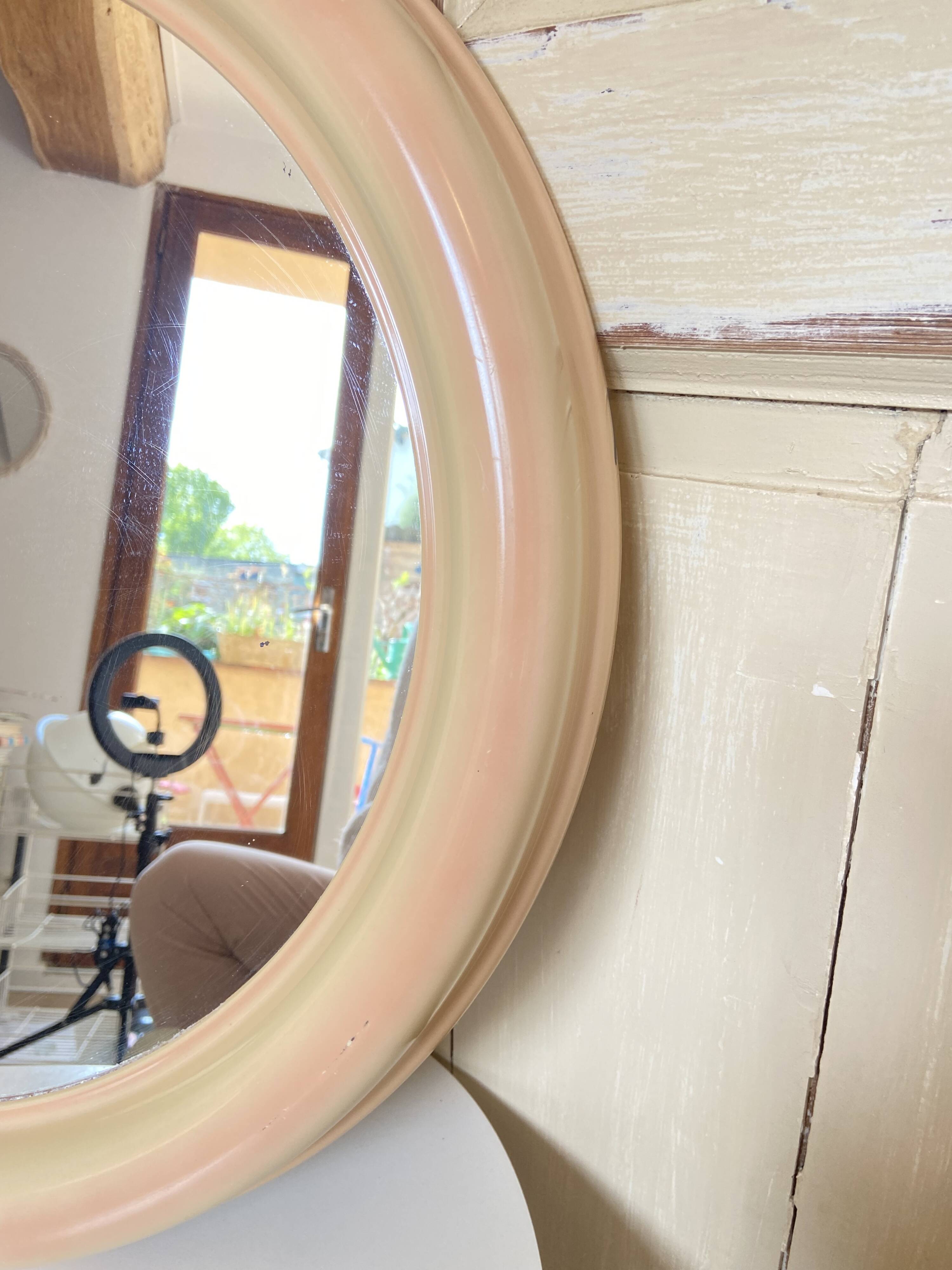 Round Beige and Coral Plastic Wall Mirror from the 70s-80s