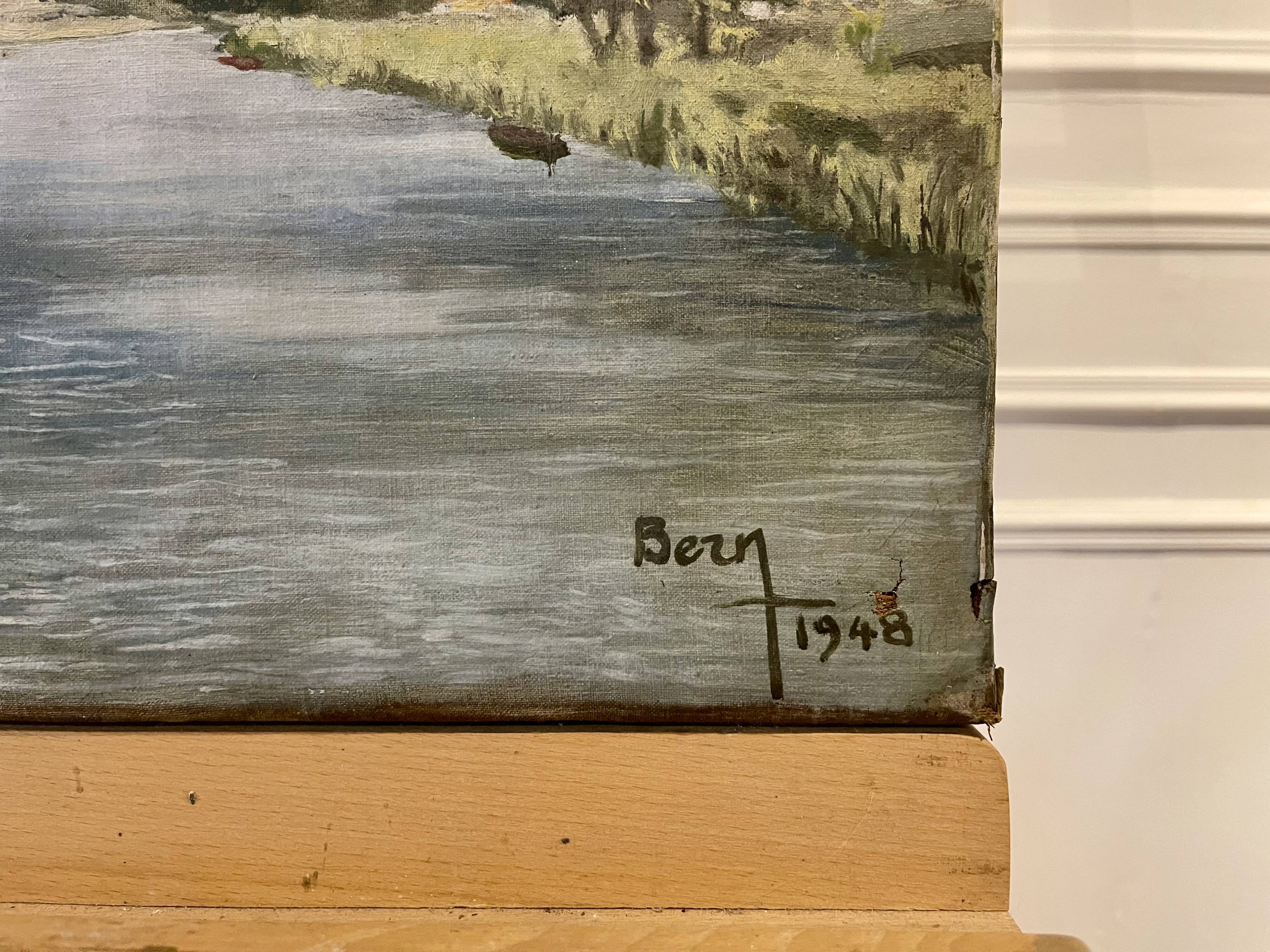 Painting of the lock and the beach of Neuilly Sur Marne signed by Bern 1948