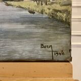 Painting of the lock and the beach of Neuilly Sur Marne signed by Bern 1948