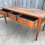 Antique solid cherry farmhouse table with 3 drawers and 2 pulls