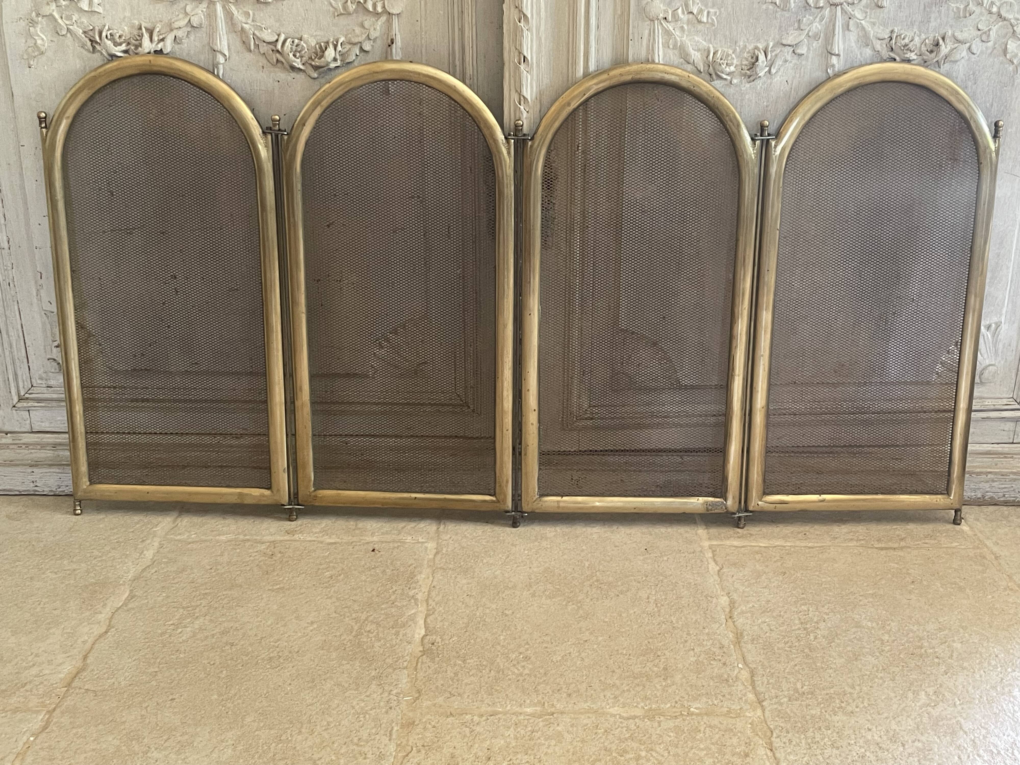 Vintage brass fireplace screen, folding spark guard with 4 panels,