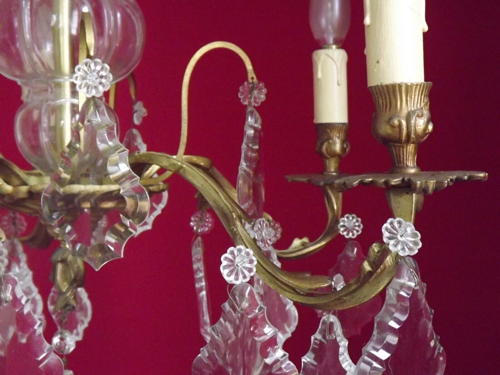 French antique 5 light brass crystal & glass acanthus leaf chandelier
