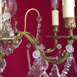 French antique 5 light brass crystal & glass acanthus leaf chandelier