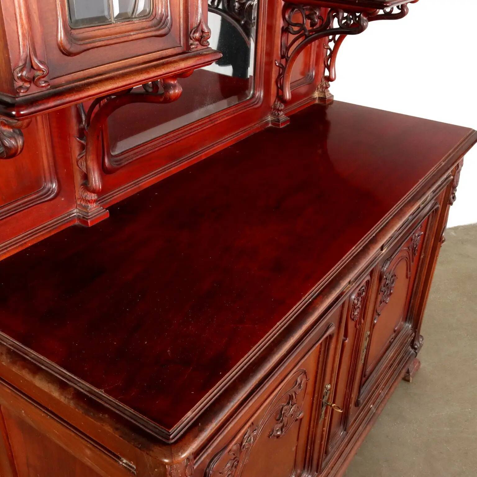 Antique Art Nouveau walnut buffet with decorations, Italy, 19th century.