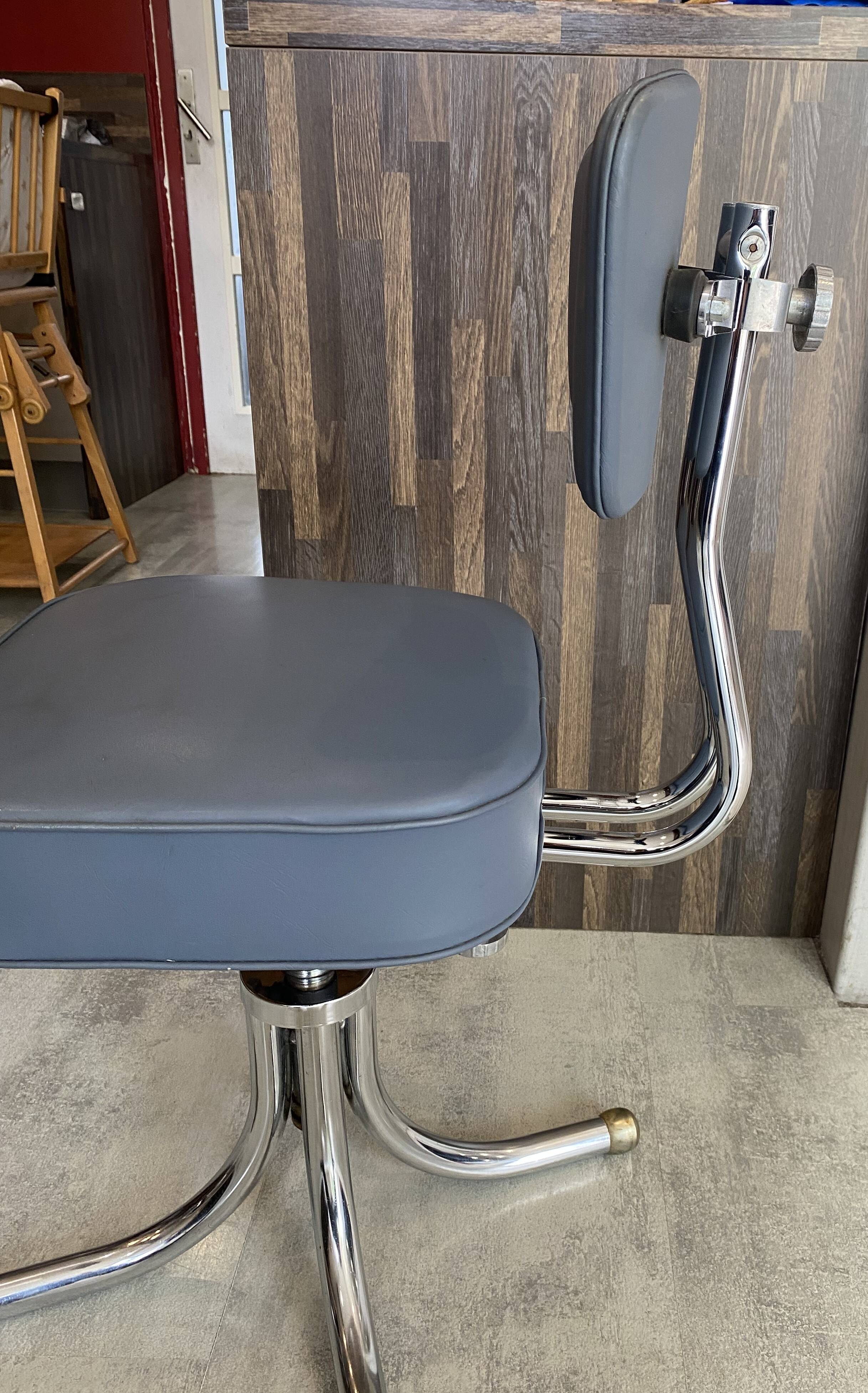 Swivel office chair in Roneo style, grey faux leather with vintage chrome.