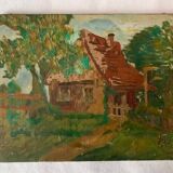 Tableau ancien impressionniste, maison de campagne, signé / fin XIXème
