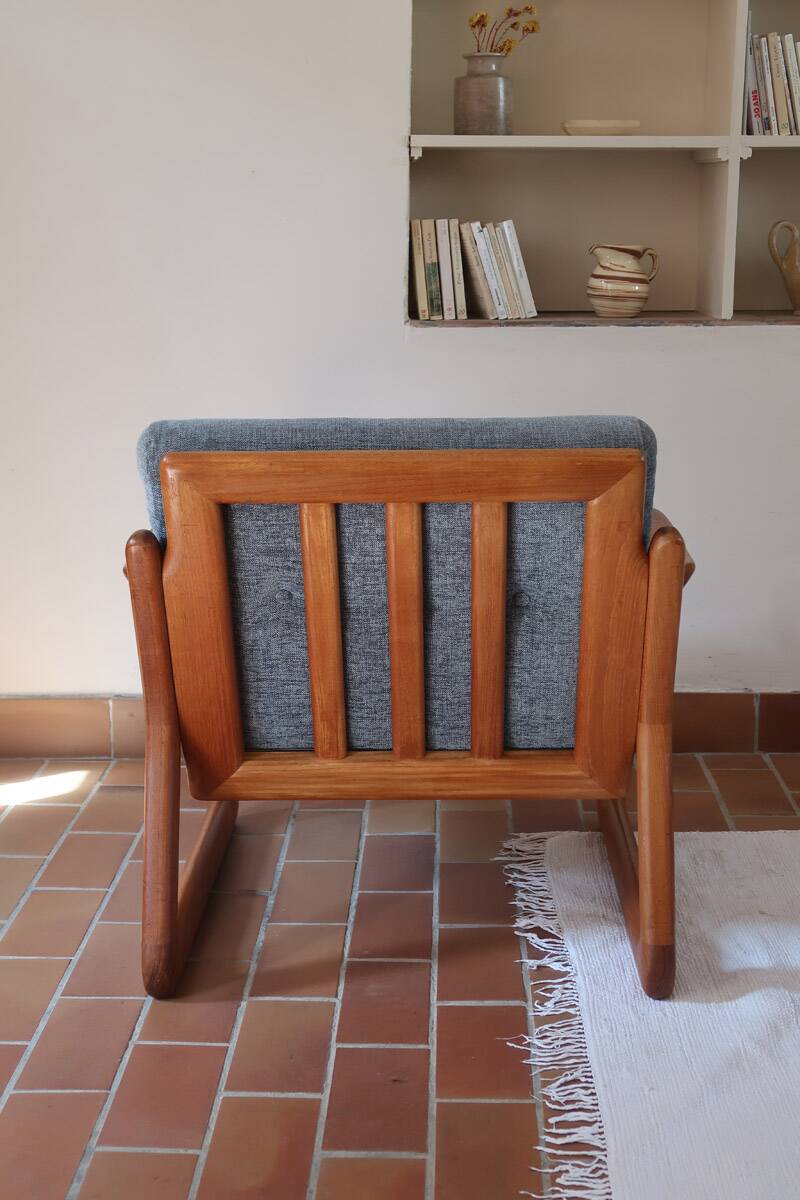 Scandinavian armchair teak Komfor blue-grey fabric 60's sled base