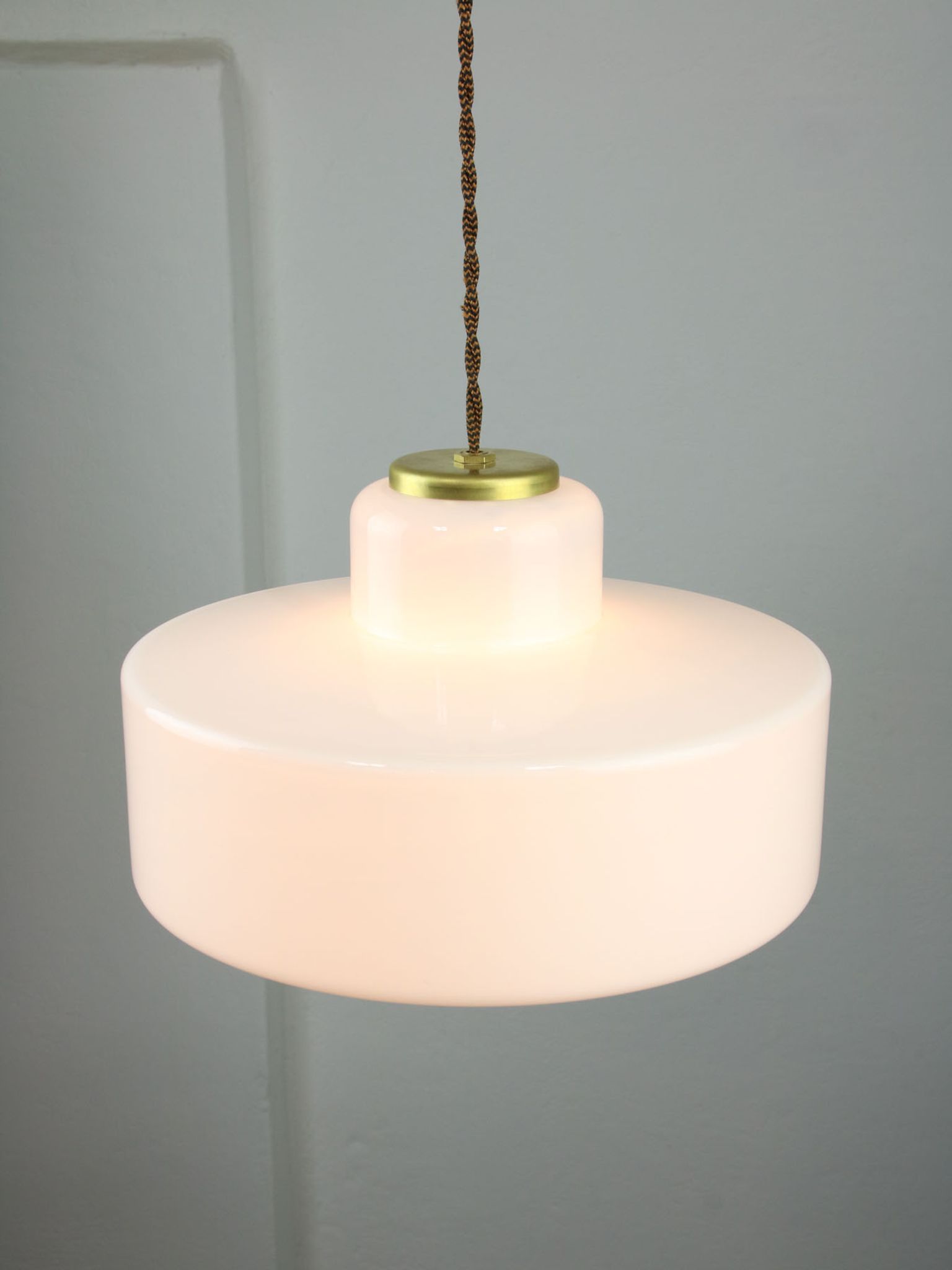 Mid-century Italian White Glass and Brass Pendant Lamp