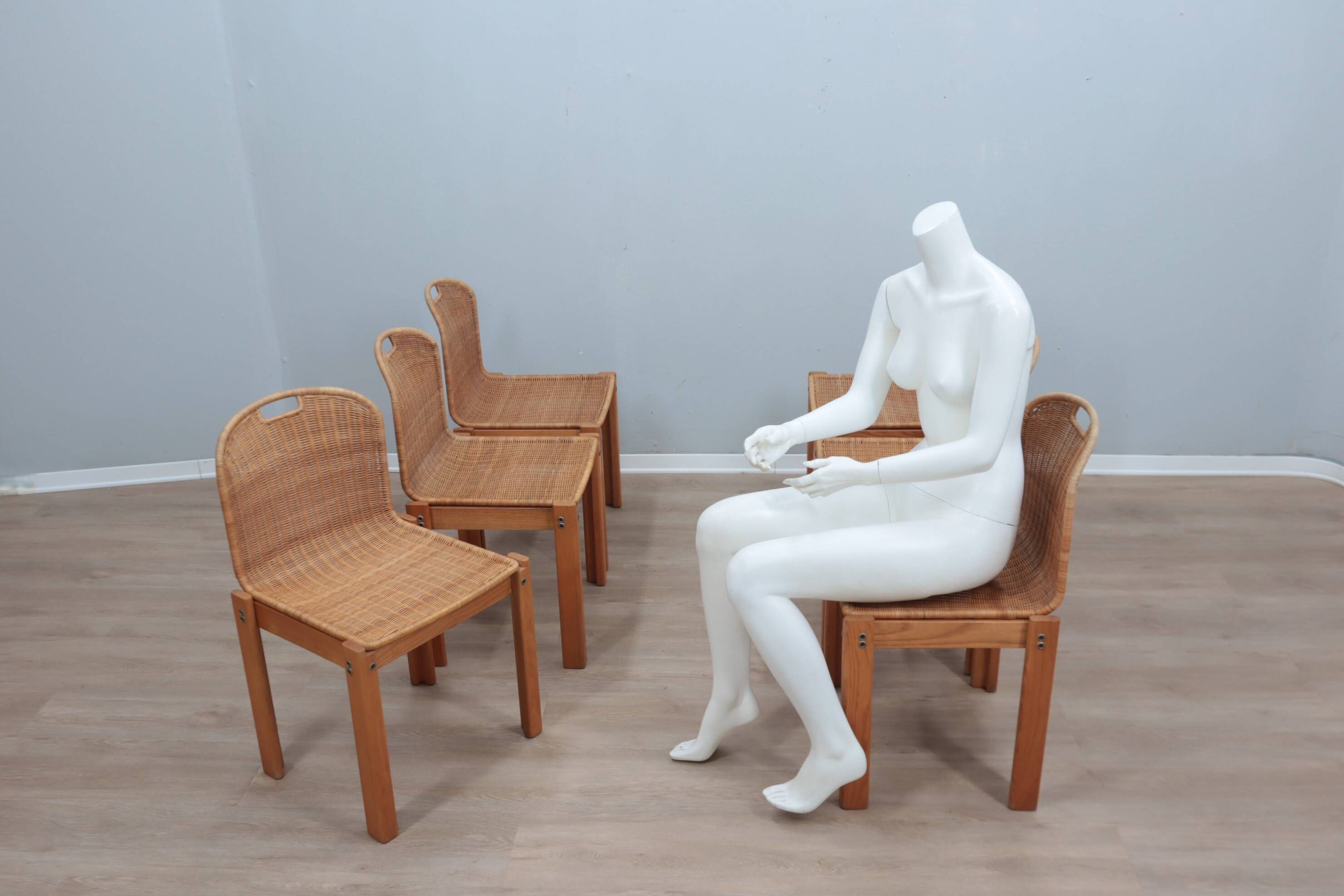Chaises courbées en osier et bois années 1970, lot de 6